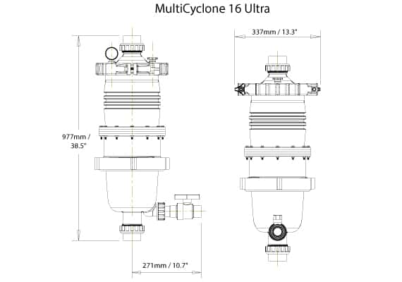 Dimensions Filtre centrifuge à cartouche Waterco Multicyclone Ultra 16